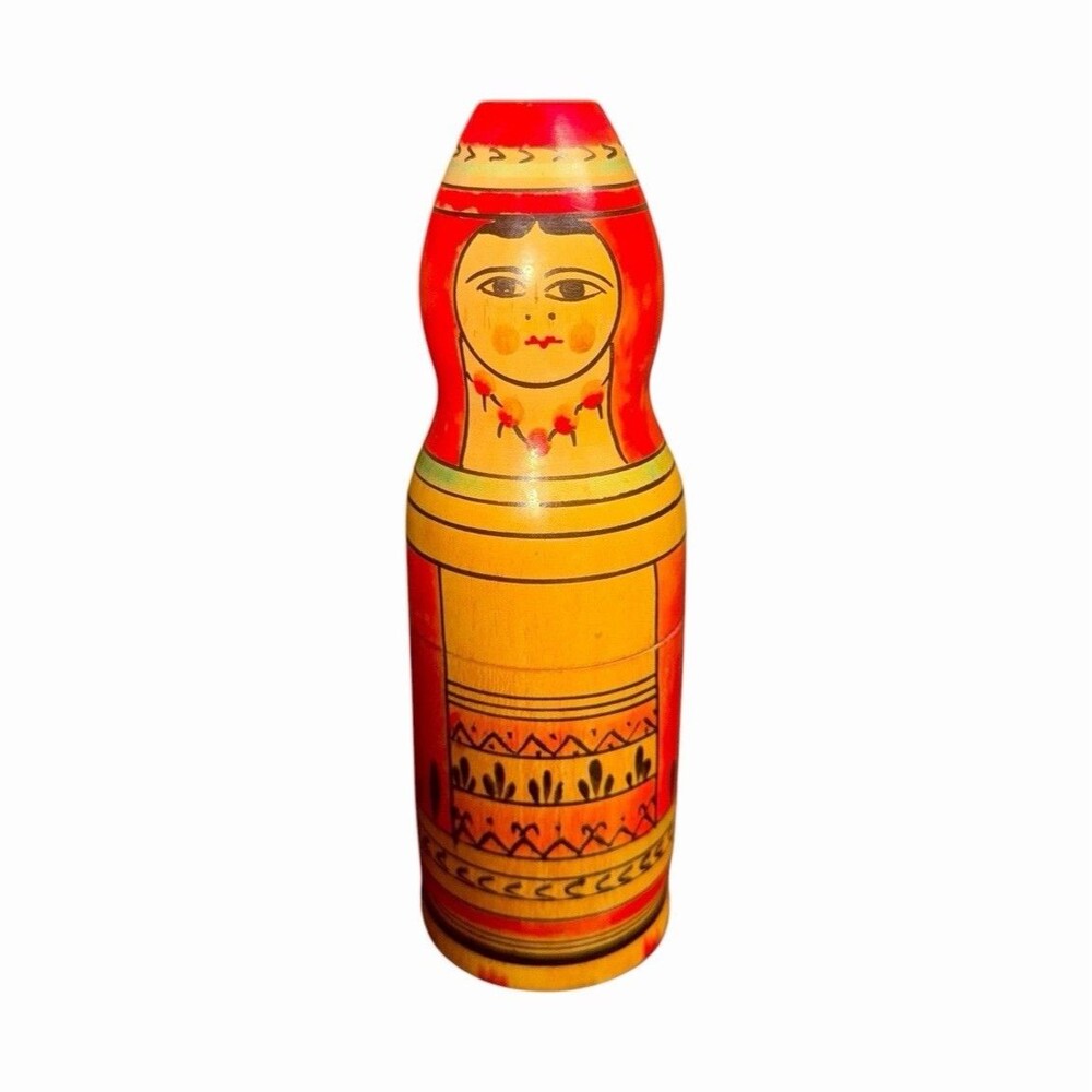 Vtg Mordovia Erzyanka Russian Matryoshka Wooden Vodka Bottle Holder Case USSR